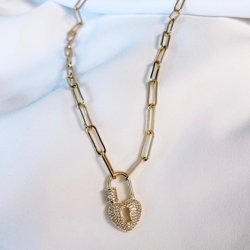 Gold Heart Necklace, Paperclip Chain Necklace